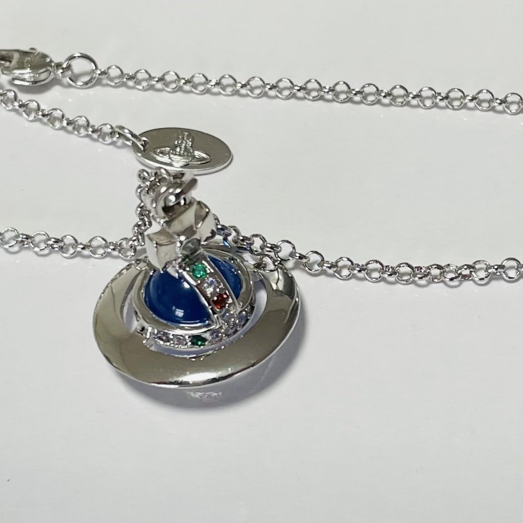 New Silver Vivienne Westwood Glacier Blue Saturn Orb Long Chain Necklace 42$